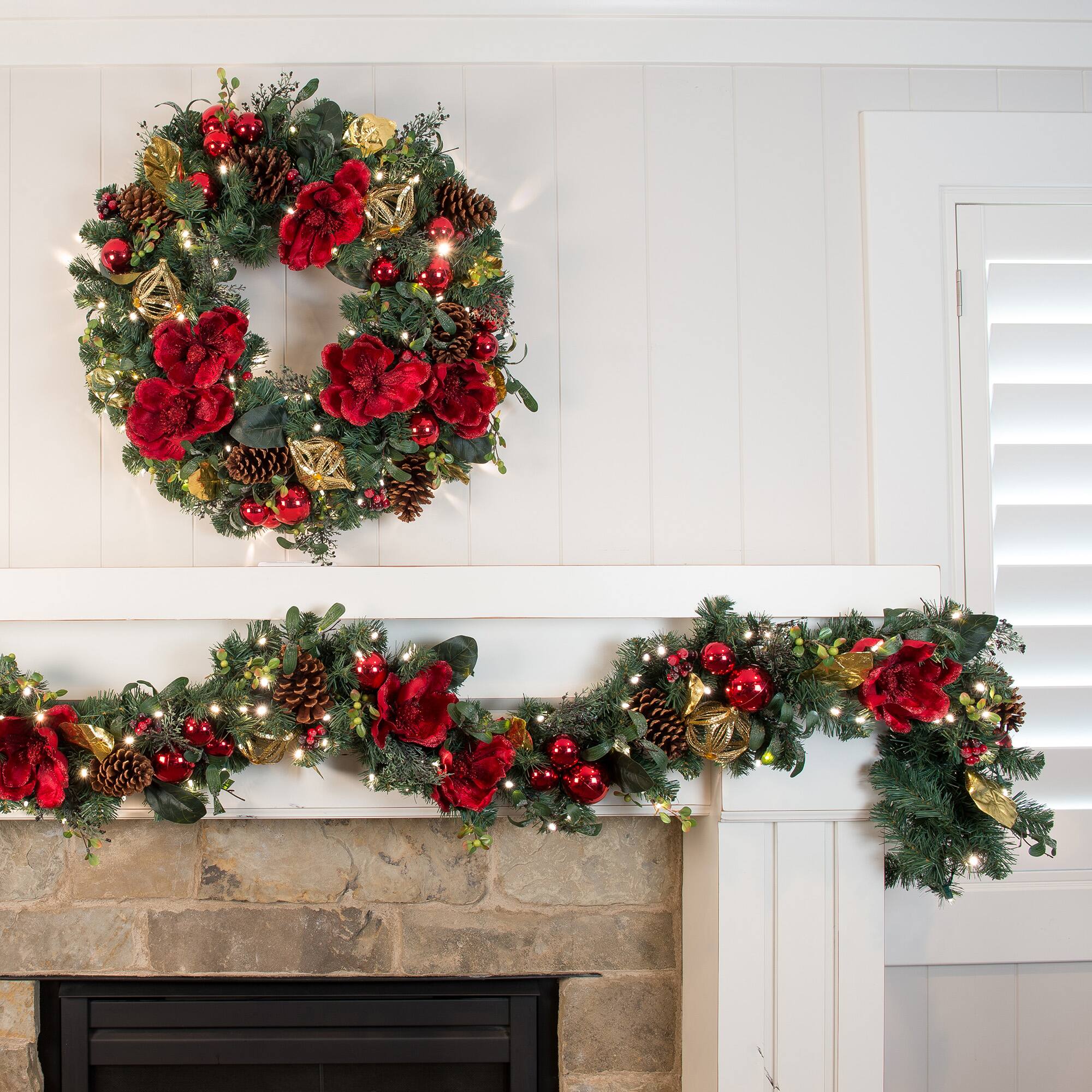 Village Lighting 30" Pre-Lit Red Magnolia Christmas Wreath, Clear LED Lights